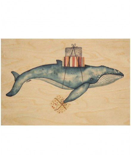 Carte postale en bois - Baleine et ses cadeaux