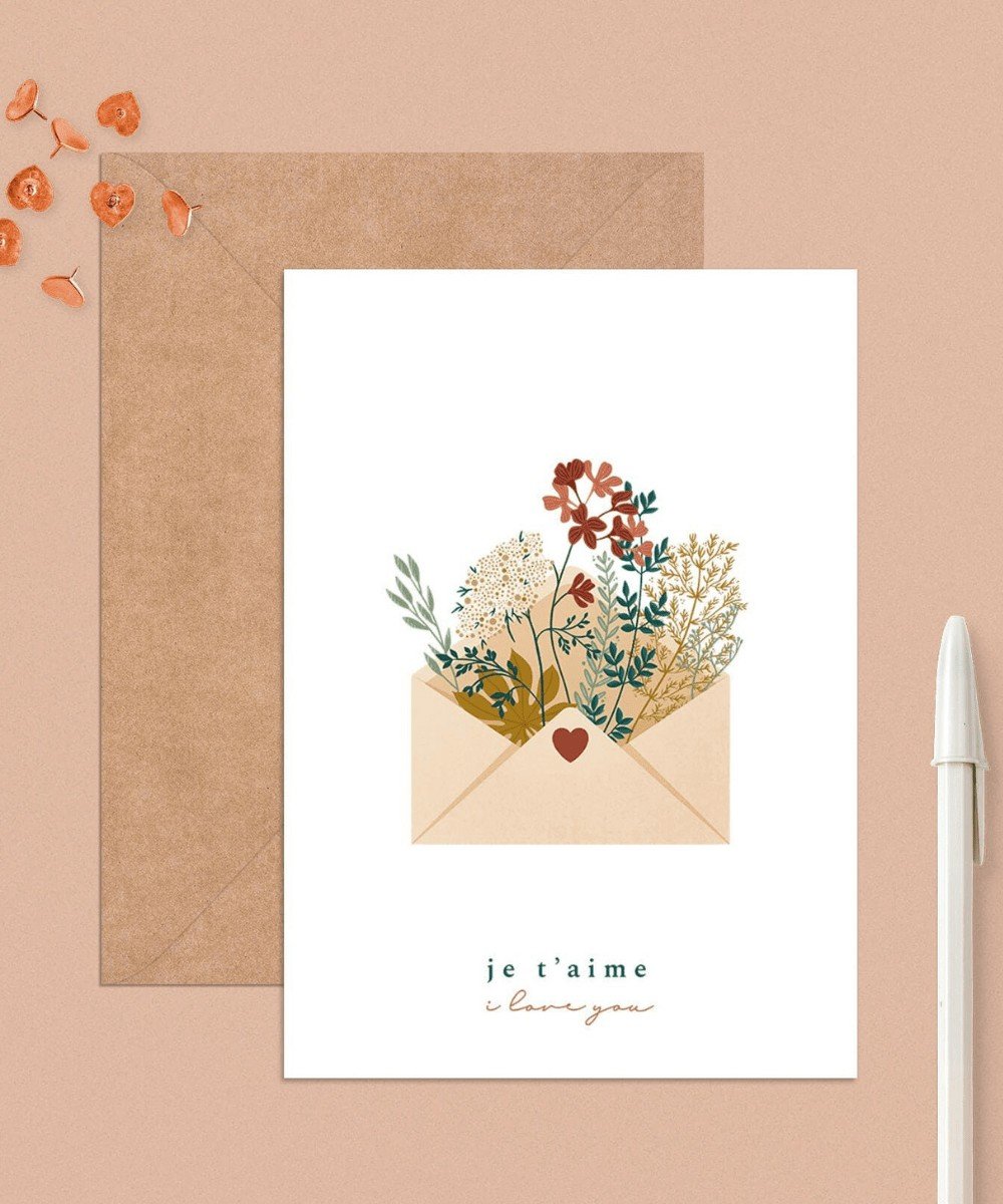Carte postale Enveloppe Je t'aime, Victoria Slow Design - Merci Léonie