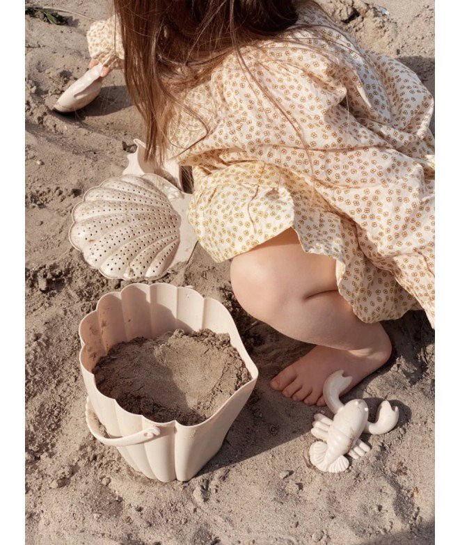 Poster La plage seau et pelle de l'enfant sur une plage de sable avec des  coquillages