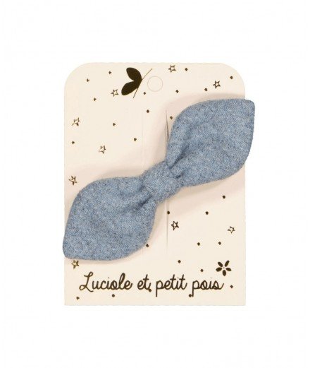 Barrette croco avec un beau noeud en laine bleu chiné de la marque Luciole et Petit pois.