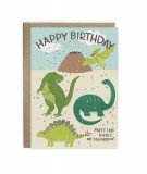 Carte d'anniversaire illustrées de différents dinosaures et d'un volcan. Parfaite pour l'anniversaire d'un petit garçon fan de d