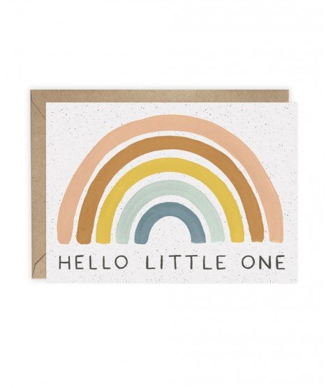 Carte de naissance Hello Little One avec un bel arc-en-ciel en motif.
