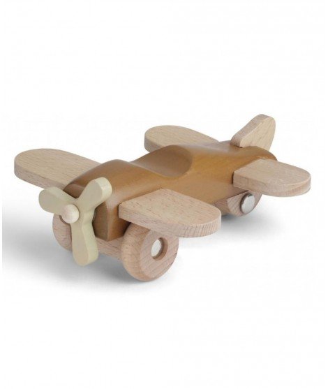 Jouet en bois en forme d'avion de la marque Konges Slojd, l'avion ressemble aux jouets d'antan coloris Almond en bois FSC
