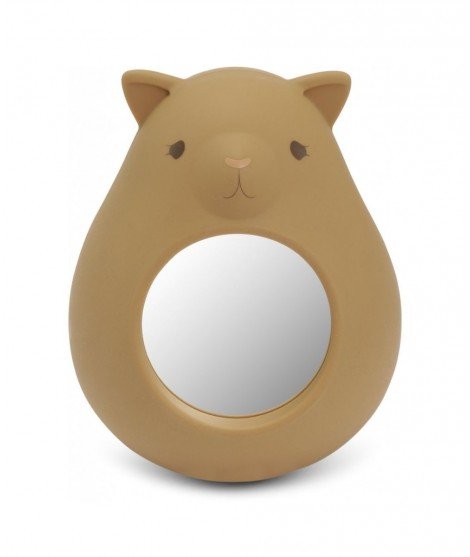 Culbuto miroir en silicone de la marque Konges Slojd, en forme de hamster et en coloris almond, c'est un jouet d'éveil pour bébé