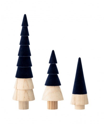 Set de 3 sapins en bois et en velours de la marque Bloomingville. Idéales pour une décoration scandinave à Noël.