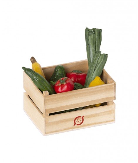 Cagette en bois miniature contenant différents légumes et fruits adaptés pour les personnages Maileg