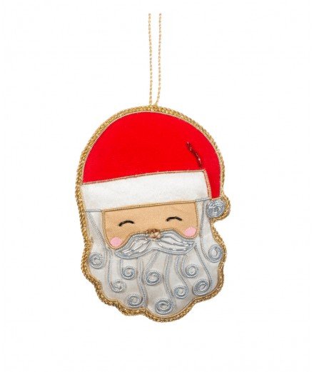 Grande décoration de Noël en forme de tête de Père Noël. Joliment brodée et perlée par la marque Sass & Belle