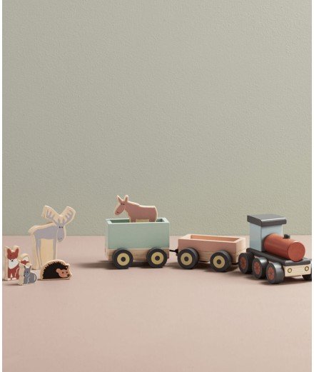 Train en bois de la marque Kid's Concept accompagné de figurines en forme d'animaux
