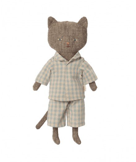 Peluche chat gris en pyjama à carreaux de la marque Maileg