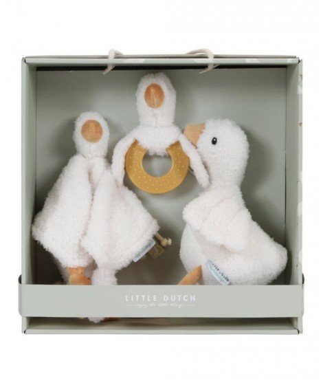 Coffret de naissance Little Goose sur le thème des oies par Little Dutch avec anneau de dentition, doudou plat et peluche
