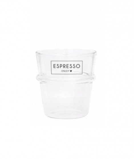 Tasse en verre à expresso illustrée du message "Enjoy" pour tous les amateurs de café