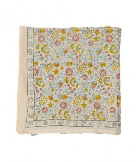 Foulard carré en coton crème décoré d'un motif fleuri Sooraj imprimé à l'indienne par la marque française Bonheur du Jour