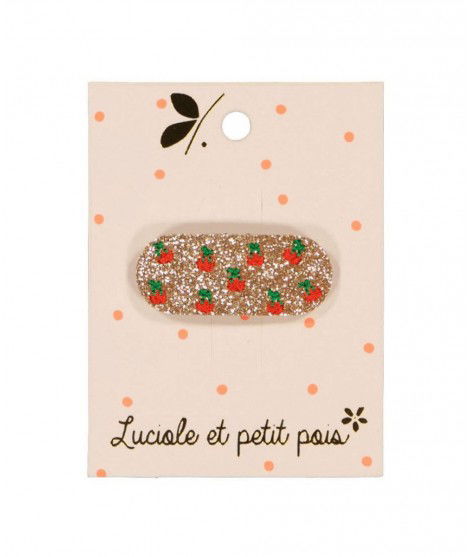 Barrette pour enfant à paillettes et avec des cerises brodées Rouges. De la marque Luciole et Petit Pois.