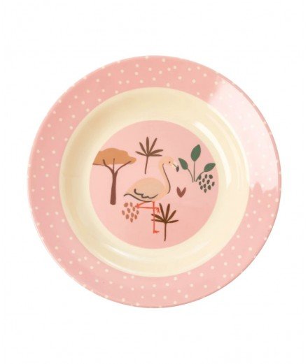 Assiette creuse pour enfant en mélamine de la marque Rice, elle est décorée d'un Flamant rose de la collection Jungle animals 