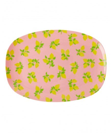 Grand plateau en melamine avec des Citrons en motif sur un fond rose. De la marque Rice