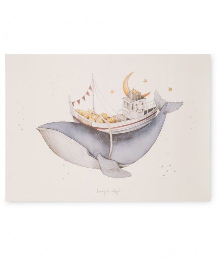 Affiche de la marque Konges Slojd, le poster représente une Baleine et un bateau de pêche, illustration poétique pour bébé