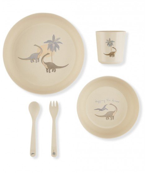Coffret de vaisselle pour enfant avec des dinosaures en motif de la marque Konges Slojd
