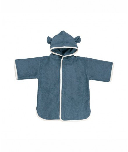 Poncho éponge pour enfant de la marque scandinave Fabelab en tissu éponge bleu avec des oreilles d'ours sur la capuche