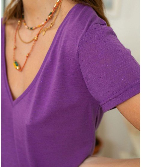 Tee-Shirt à manches courtes modèle Elvie coloris Violet à paillettes de la marque française La Petite Etoile