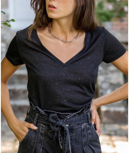 Tee-Shirt à manches courtes modèle Elvie coloris Noir paillettes de la marque française La Petite Etoile