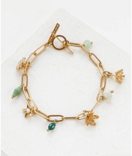 Bracelet Blossom Vert de la marque Shlomit Ofir. Doré à l'or fin 24 carats et orné de petites pampilles en forme de fleurs