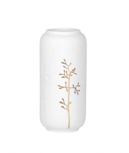 Petit vase en céramique blanche avec des branches dorées en motif. De la marque décoration Räder.