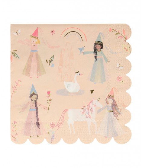 Joli set de 16 serviettes en papier conçu de façon éco-responsable et avec de jolies princesses en motif. De la marque Méri Méri