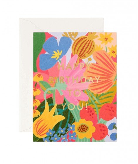 Carte d'anniversaire Sicily Happy Birthday inscrit en doré accompagné de jolies fleurs colorées. De la marque Rifle Paper Co