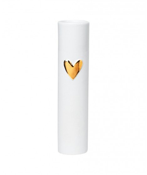 Vase haut en céramique blanche, présentant un Coeur doré. Réalisé par la marque de décoration Räder