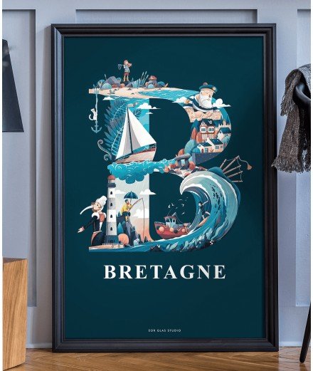 Affiche B comme Bretagne, Grand Format sur un fond bleu foncé. Dessinée et imprimée à Brest