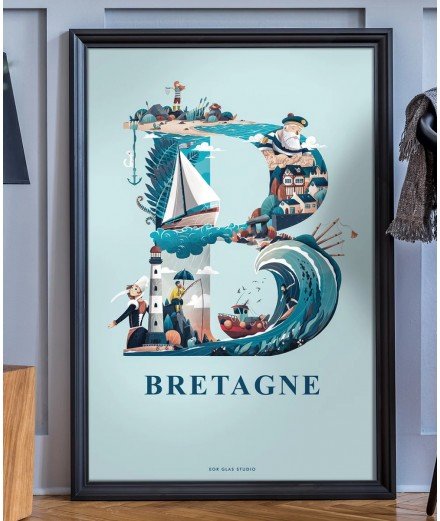 Affiche B comme Bretagne, Grand Format sur un fond bleu clair. Dessinée et imprimée à Brest