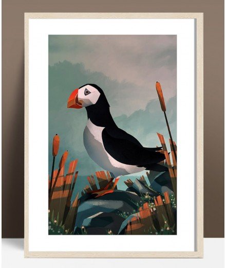 Affiche illustrant un bel oiseau Macareux par les créateurs français Eor Glas Studio
