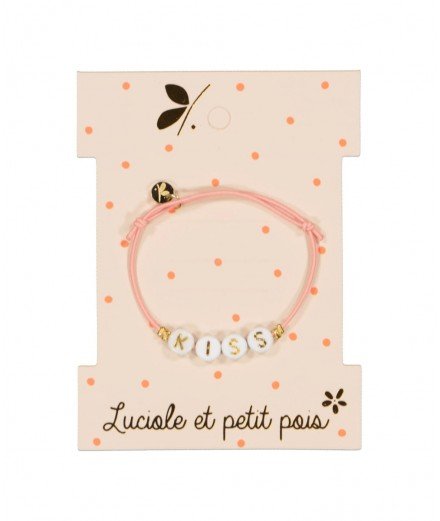 Bracelet pour enfant à élastique rose avec des perles formant le mot "Kiss".