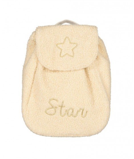 Sac-à-dos pour enfant en fausse fourrure écru avec le mot "Star" en broderie dorée. De la marque Luciole et Petit Pois.