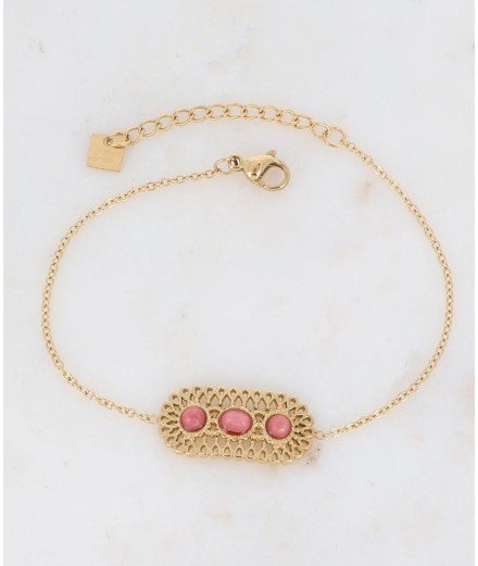 Bracelet Ambre en acier inoxydable doré avec des pierres naturelles Roses. Bracelet résistant à l'eau.