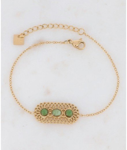 Bracelet Ambre en acier inoxydable doré avec des pierres naturelles vertes. Bracelet résistant à l'eau.
