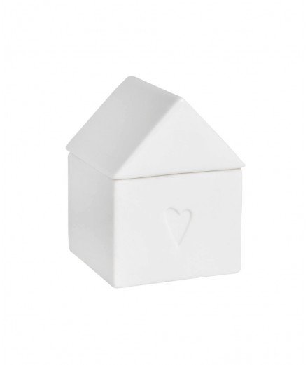 Petite boîte en porcelaine blanche de la marque Räder en forme de maison.