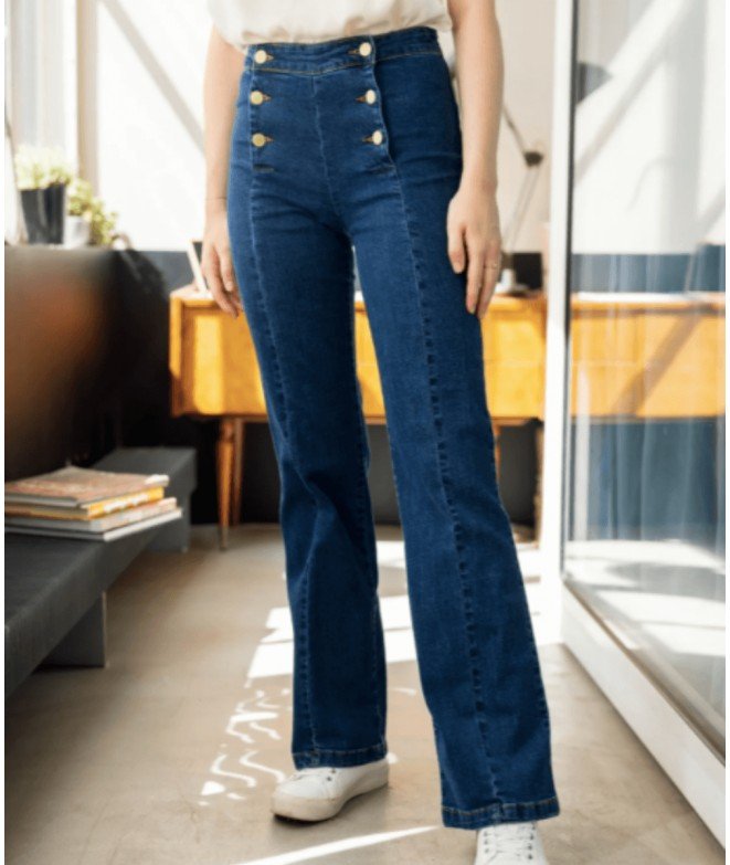 Pantalon jeans taille haute avec 3 boutons à la taille