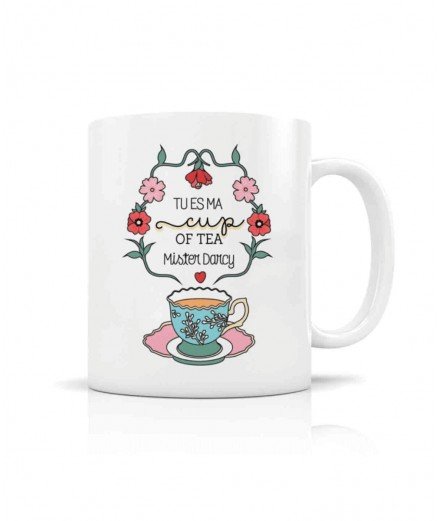 Mug en céramique blanche et avec le message "Tu es ma cup of tea Mister Darcy". Illustré par la créatrice française Créa-bisonti