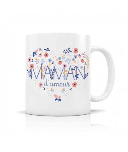 Mug en céramique blanche avec le message "Maman d'Amour" accompagné de délicates petites fleurs. 