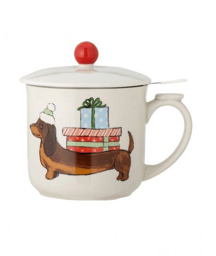 Mug de Noël Teckel avec son filtre à thé en acier inoxydable. De la marque Bloomingville.