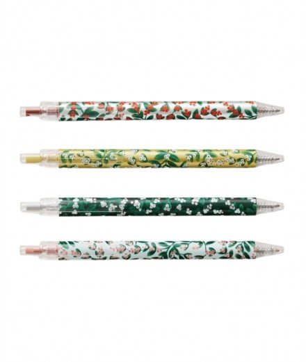Coffret de 4 stylos de Noël Mistletoe de la marque Rifle Paper Co. Encres métallisées : or, argent, rouge et cuivre