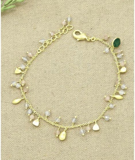 Bracelet en plaqué or et pierres naturelles : labradorites, amazonites et tourmaline. En plaque or 18 carats