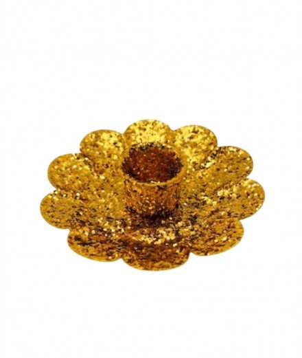 Bougeoir fleur fabriqué en métal et recouvert de paillettes dorées