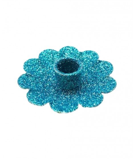 Bougeoir fleur fabriqué en métal et recouvert de paillettes bleues