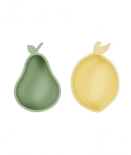 Set de 2 bols Citron et Poire fabriqués en silicone de la marque pour enfant, Oyoy.
