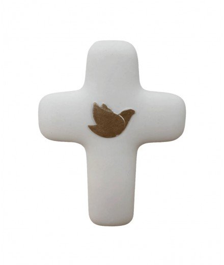 Croix de la Paix en pierre d'albatre avec une colombe dorée peinte à la main.