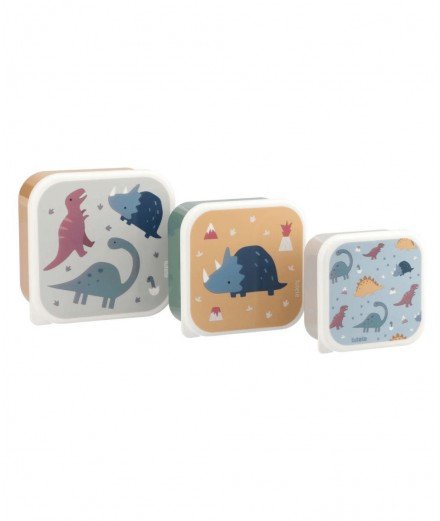 Set de 3 boîtes à goûter gigognes avec des Dinosaures en motif. De la marque Tutete.