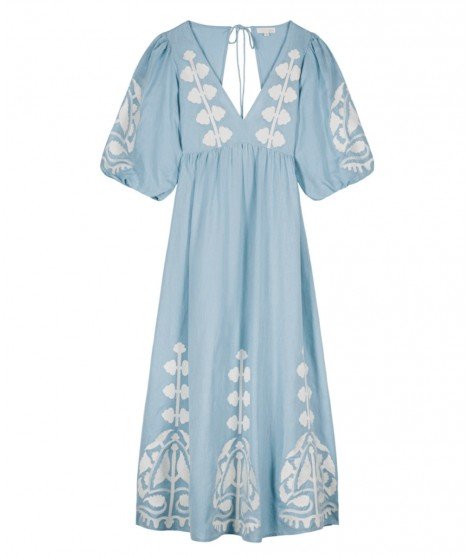 Robe longue brodée Ilana de la marque française Louise Misha. Réalisée dans un mélange de coton et de lin.