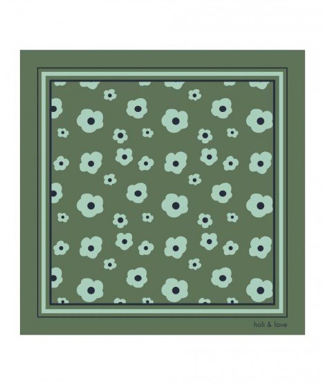 Petit foulard Brigitte Vert avec des petites Fleurs en motif. 100% coton biologique.